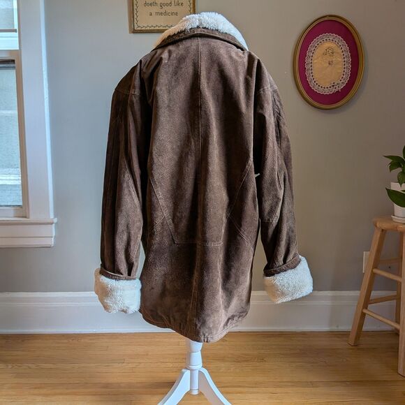 Vintage 90s Midwest Traders Suede Chore Coat Faux Sherpa Leather Jacket Size L - Picture 3 of 10